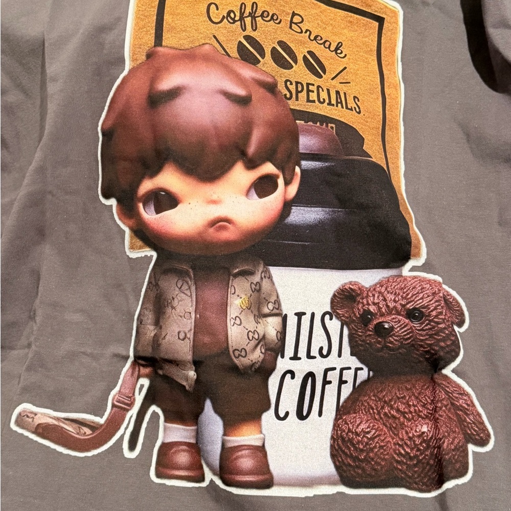 Hirono G Love Gray Graphic Tee Doll, Bear and Coffee limited 3X new